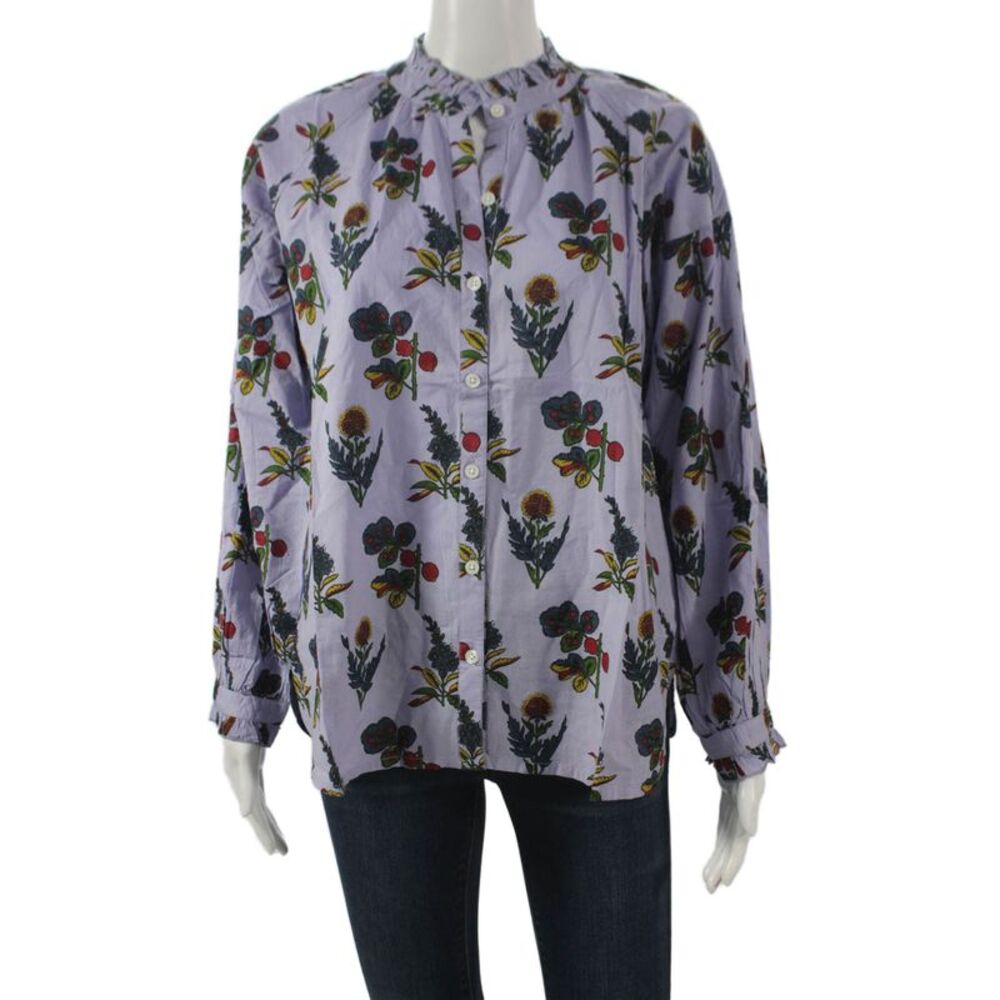 Madison Mathews Women Button-Up Blouse Purple Floral Cotton Long Sleeve Size S